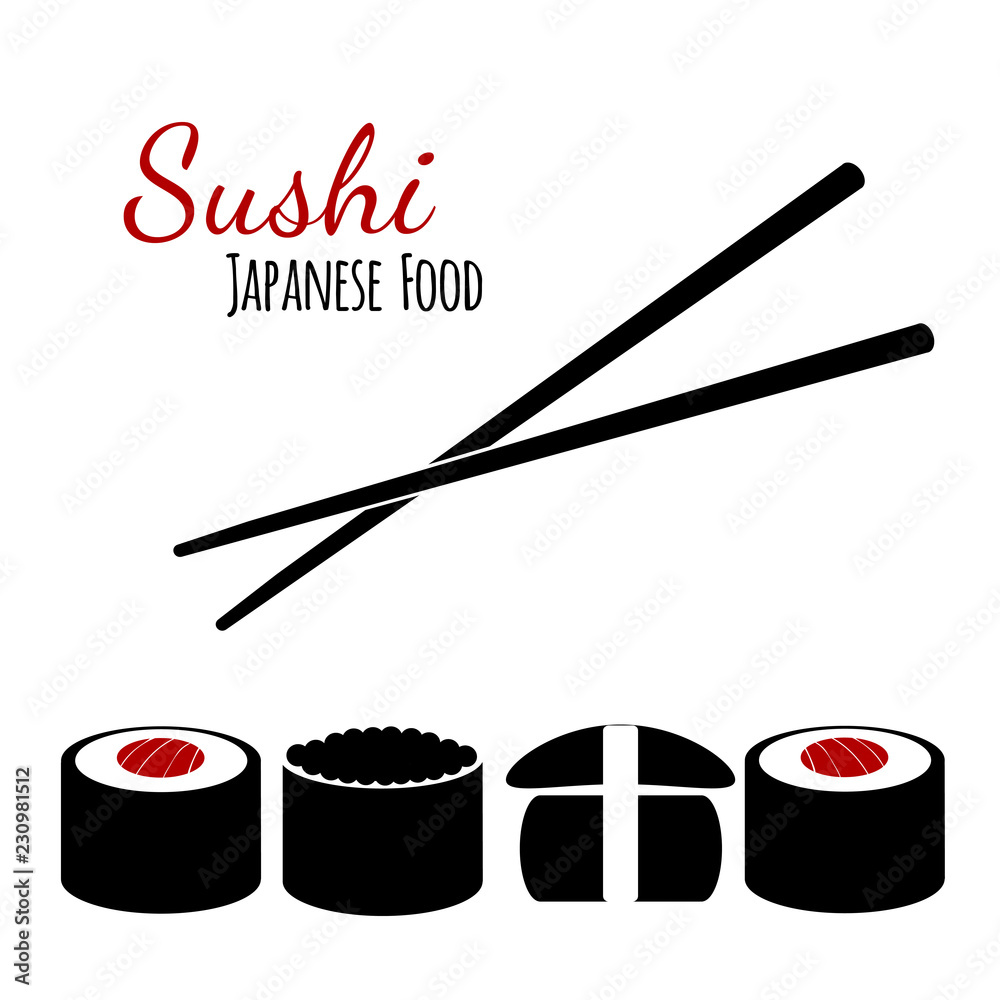Sushi, unagi and tobiko icons with chopsticks isolated on white. Vector logo template for Japanese food or asian restaurant emblem Sushi, unagi and tobiko icons with chopsticks isolated on white. Vector logo template for Japanese food or asian restaurant emblem