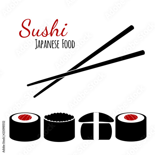 Sushi, unagi and tobiko icons with chopsticks isolated on white. Vector logo template for Japanese food or asian restaurant emblem