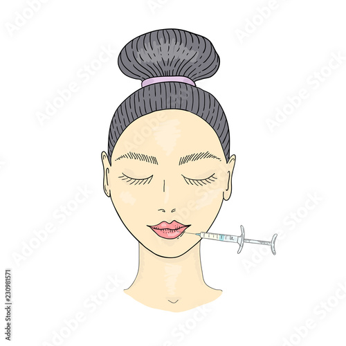 The girl s face with hair gathered in a bun and a syringe in her lips. Lip augmentation with hyaluronic acid.