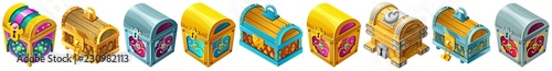 Set cartoon wooden isometric closed chests decorated silver for computer game. Isolated vector illustration on white background.