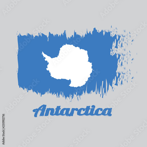 Brush style color flag of Antarctica, A plain white map of the continent on a blue background. with text Antarctica.