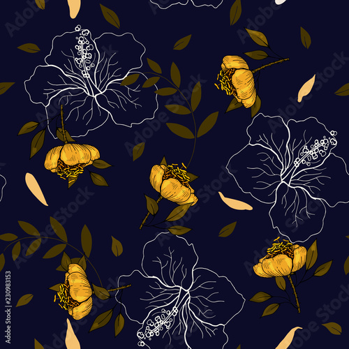 Vintage background. Wallpaper.  Hand drawn. Vector illustration. Trendy floral pattern. Isolated seamless pattern.