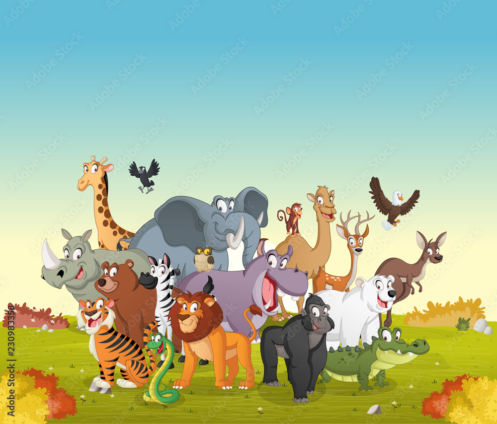 Group of cartoon animals on green park. Vector illustration of funny happy  animals. Stock Vector | Adobe Stock