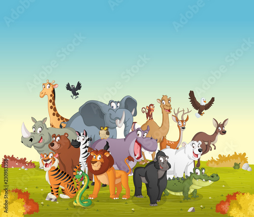 Group of cartoon animals on green park. Vector illustration of funny happy animals.  
