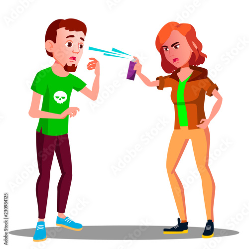 Teen Girl Protect Herself With Pepper Spray Vector. Isolated Illustration