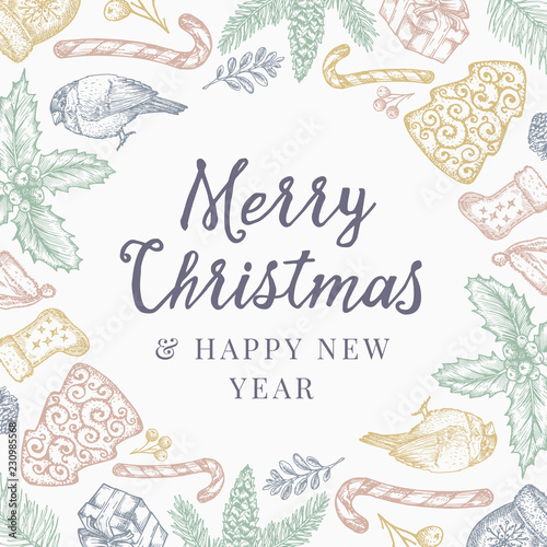 Merry Christmas and Happy New Year Abstract Pattern Background  Invitation or Greeting Card with Retro Typography. Pastel Colors Sketch Drawing Layout.