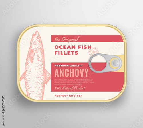 Abstract Vector Ocean Fish Fillets Aluminium Container with Label Cover. Premium Canned Packaging Design. Retro Typography and Hand Drawn Anchovy Silhouette Background Layout.