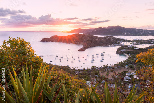 Overview of English Harbour from Shirley Heights at sunset, Antigua, Antigua and Barbuda, Leeward Islands photo