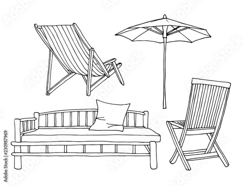 Beach chairs with umbrella vector set, hand drawn travel collection