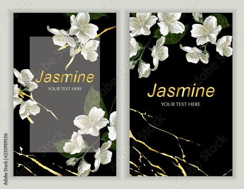 Modern design for greeting cards, wedding decorations, invitation, sales, packaging. Set of Vector banner with Luxurious jasmine flowers on dark background with Marble texture.