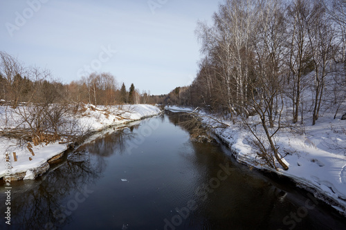 Fototapeta Naklejka Na Ścianę i Meble -  Beautiful winter landscape with river and snow. Sunny frosty day