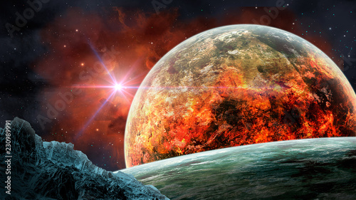 Fototapeta Naklejka Na Ścianę i Meble -  Space scene. Red nebula with planet in fire and big asteroid. Elements furnished by NASA. 3D rendering