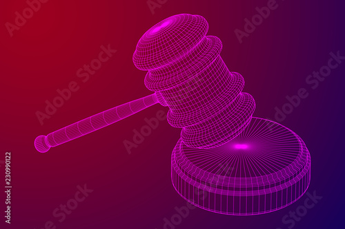 Gavel, hammer of judge or auctioneer. Wireframe low poly mesh vector illustration