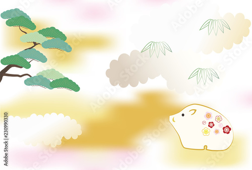 イノシシ、松、笹とぼかしの背景の年賀イメージ