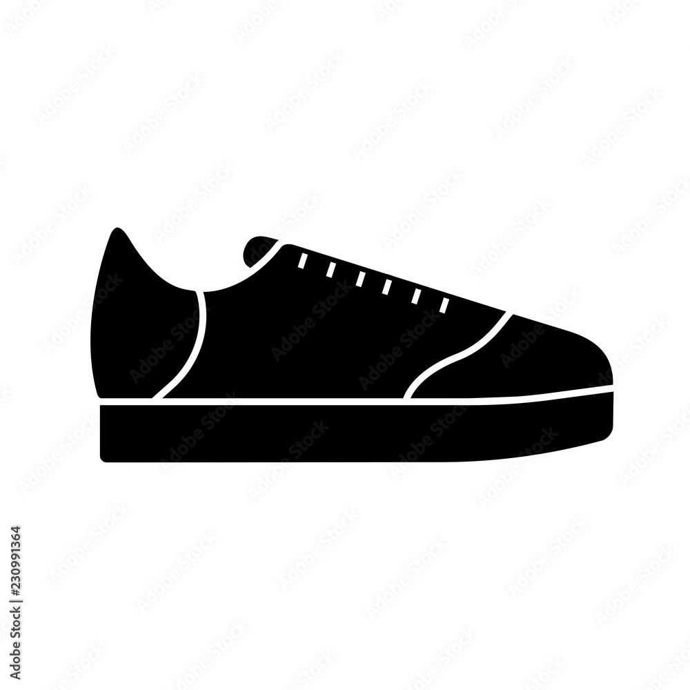 Vector illustration icon of sport running shoes (sneakers). Black silhouette. White background