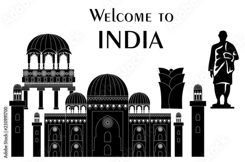 Illustration in flat design style with some sights of india.