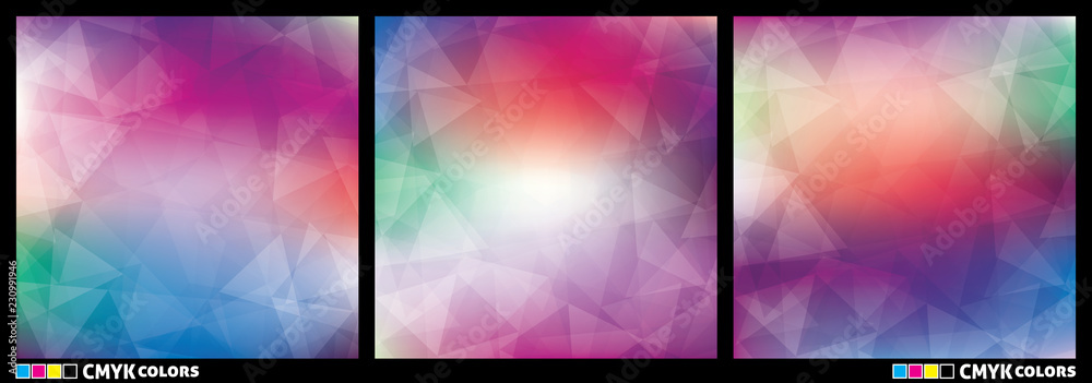 Set of bright patterns textured by triangles. Colorful backgrounds