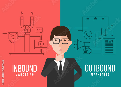 Businessmen are deciding between Inbound marketing and outbound marketing banner vector design