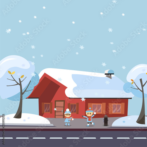 Flat vector winter scene children playing snowball fights. Happy kids boy and girl playing snowball fight game in front of the snowy house and trees by the road at Winter Season. Holiday banner, card