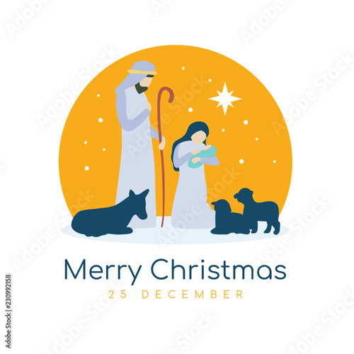 Merry Christmas banner sign with Nightly christmas scenery mary and joseph in a manger with baby Jesus vector design