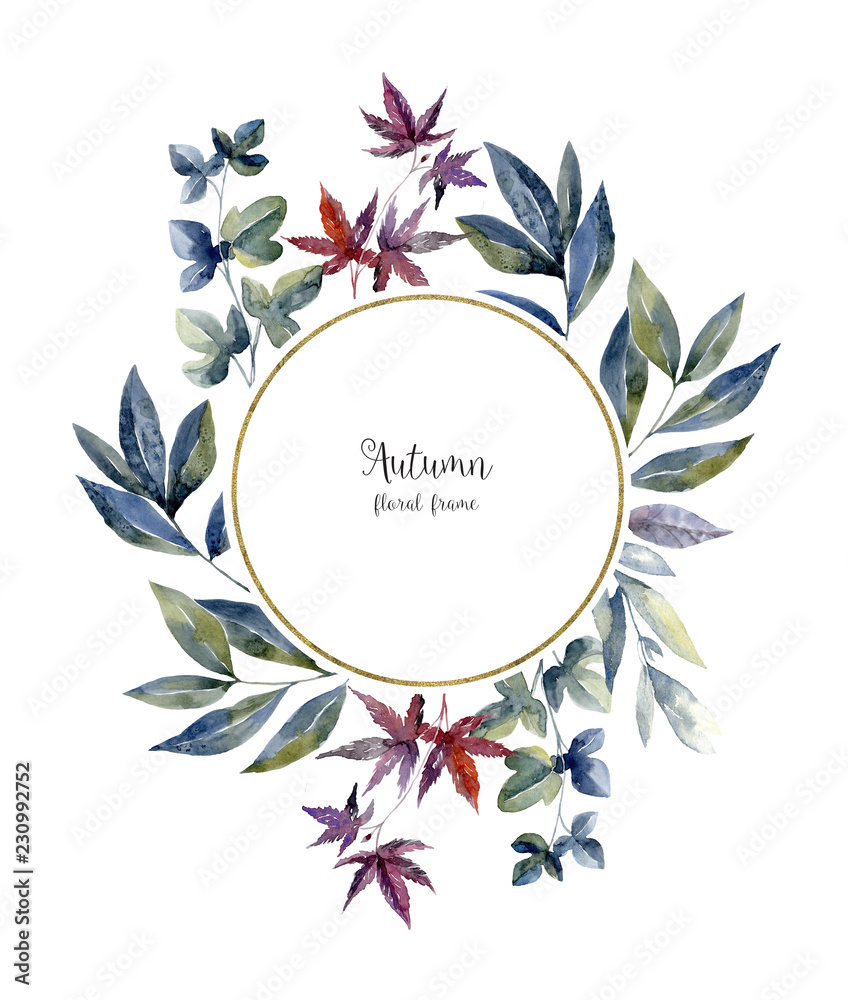 Watercolor circle floral frame on white background. Hand drawn botanical decoration for wedding card cover.