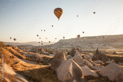 Early morning balloon tourist spectacle in Cappadocia, Turkey