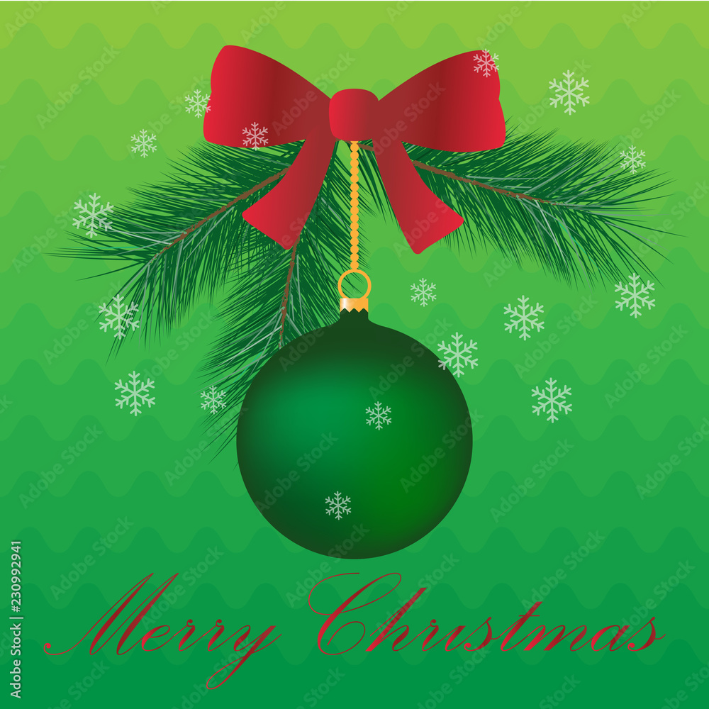 Naklejka premium green christmas ball and pine twigs with red ribbon