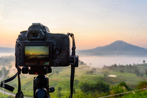 Take the photo of sea mist on the mountain in sunrise time