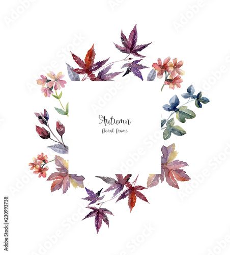 Watercolor floral frame in autumn colors on white