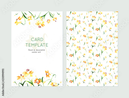 Fototapeta Naklejka Na Ścianę i Meble -  Lovely spring card templates. Awesome yellow daffodils made in watercolor technique. Lovely romantic card templates with spring flowers.