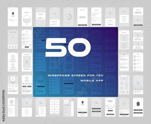 50 in 1 UI kits. Wireframes screens for your mobile app. GUI template on the topic of singup login . Development interface with UX design. Vector illustration. Eps 10 photo