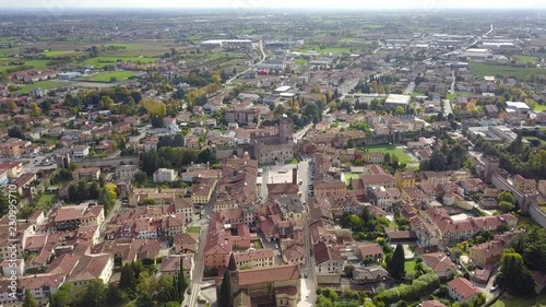 Marostica, Vicenza, Italy. Drone aerial landscape of the lower town from the upper castle