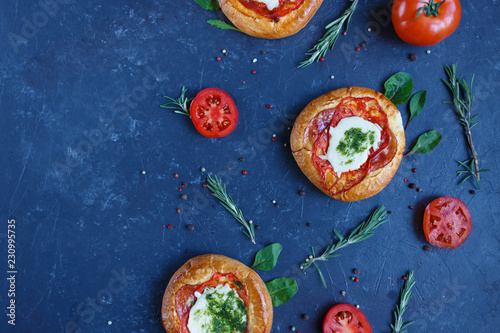 Homemade Mini Pizza with Tomatoes, Cheese and Bacon, Injuries and Spices on Dark Background