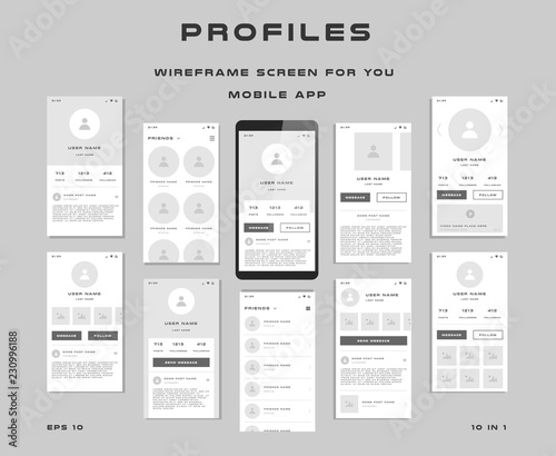 10 in 1 UI kits. Wireframes screens for your mobile app. GUI template on the topic of Profiles . Development interface with UX design. Vector illustration. Eps 10