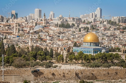 JERUSALEM, ISRAEL. October 30, 2018. A view of the Temple Mount with a Dome of the Rock in the center. It is an Islamic shrine located in the Old City of Jerusalem. Al Aqsa mosque, Muslim holy place.
