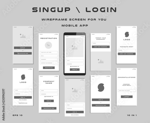 10 in 1 UI kits. Wireframes screens for your mobile app. GUI template on the topic of singup login . Development interface with UX design. Vector illustration. Eps 10