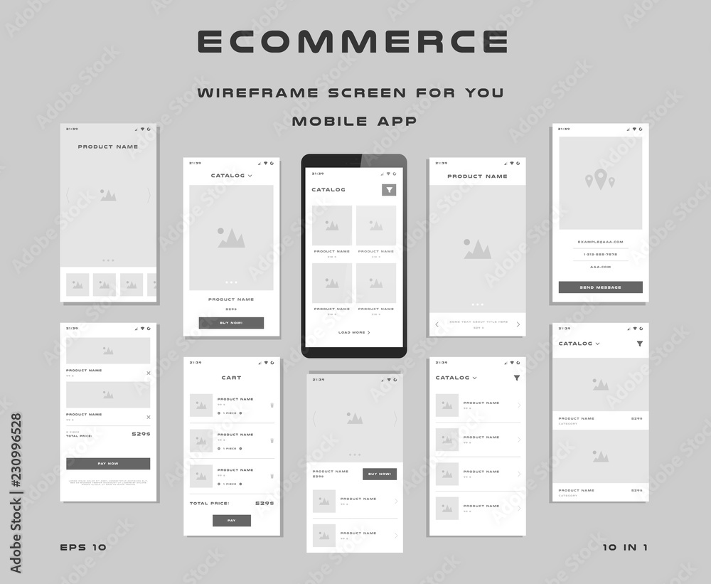 10 in 1 UI kits. Wireframes screens for your mobile app. GUI template on the topic of ecommerce . Development interface with UX design. Vector illustration. Eps 10