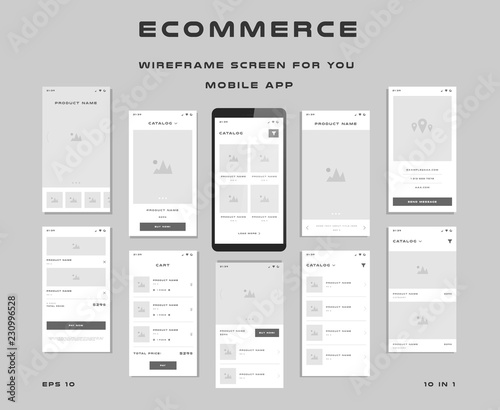10 in 1 UI kits. Wireframes screens for your mobile app. GUI template on the topic of ecommerce . Development interface with UX design. Vector illustration. Eps 10