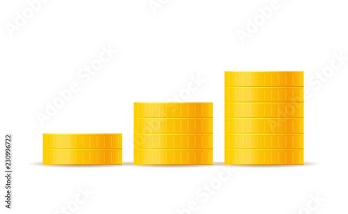 3d realistic gold coins set on white in different positions .Money isolated on white. Vector illustration.