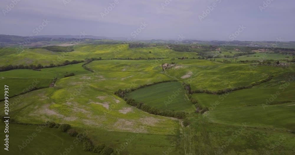 Aerial, beautiful green hills and fields and cypresses landscape in Val d’Orcia  in Tuscany, Italy