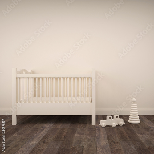 Baby bedroom with white crib and toys on parquet floor. 3d architecture visualization