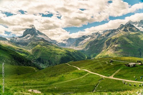 View from Gornegrat in the Alps towards the Matterhorn in summer, Swiss Alps photo