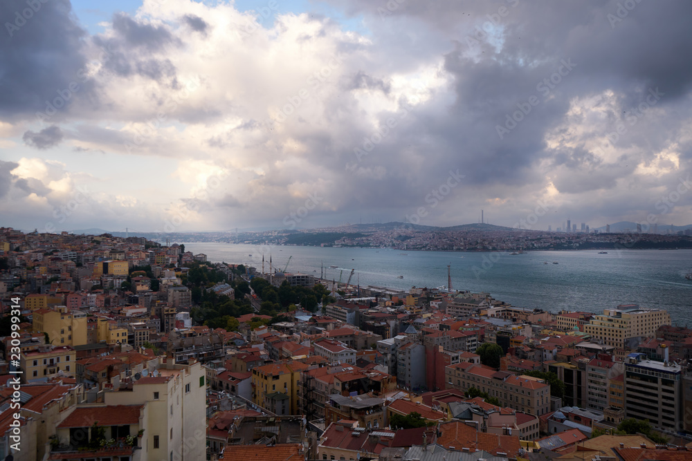 Bosphorus view from Galata tower Beyoglu district and Asian side of Istanbul Turkey travel destination famous historical and cultural heritage cityscape panorama sight.