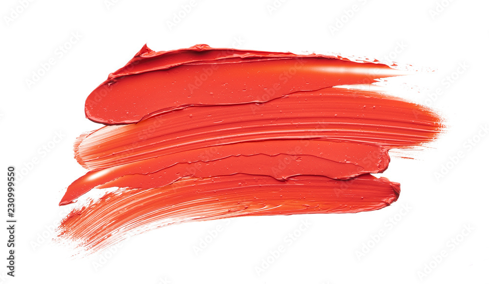 Smear and texture of red lipstick or acrylic paint isolated on white - obrazy, fototapety, plakaty 
