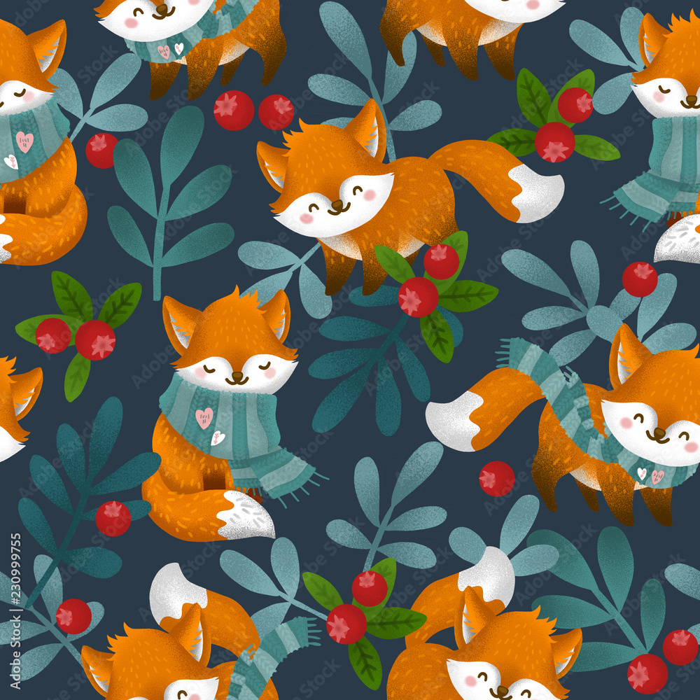 seamless cute pattern of a winter forest and animal fox. Christmas card with berry and foxes. seamless cute pattern of a winter forest and animal fox. Christmas card with berry and foxes.