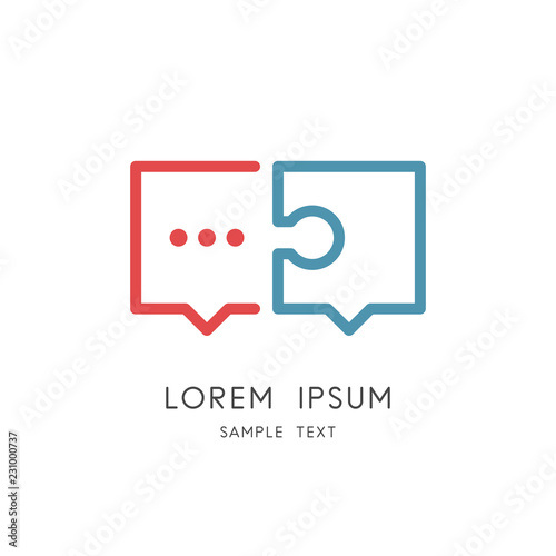 Conversation logo - colored puzzle pieces and chat symbol. Dialogue and discussion, teamwork and cooperation vector icon.