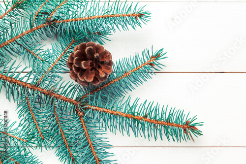 Christmas pine tree branches on wooden board.