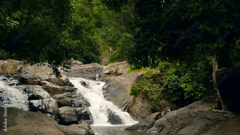 Magical scenery of rainforest and river with rocks. Wild vegetation, deep tropical forest. Jungle with trees over fast rocky stream with rapids. Steam with stone cascades flows through exotic woods. Magical scenery of rainforest and river with rocks. Wild vegetation, deep tropical forest. Jungle with trees over fast rocky stream with rapids. Steam with stone cascades flows through exotic woods.