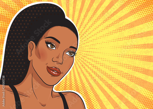 African american woman smiling face on yellow background with space for a message vector illustration in pop art retro comic style.