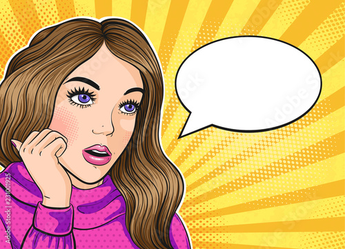 Pop art young woman thinking with speech bubble for text, vector illustration in pop art retro style.